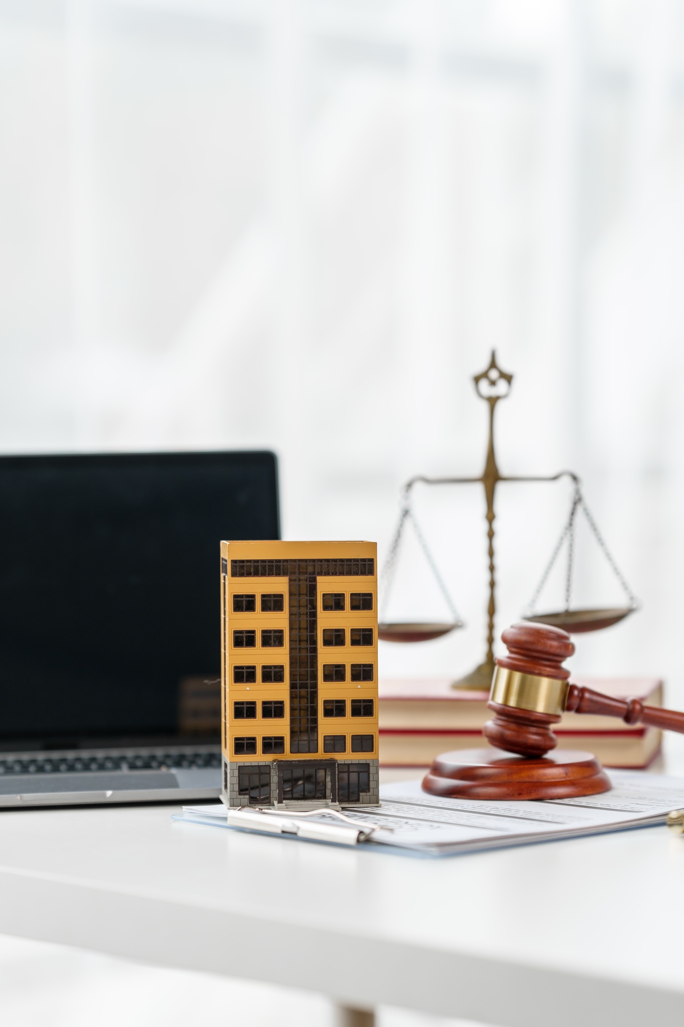 Property Lawyer desk with gavel and contract paper of attorney, nobody, no people